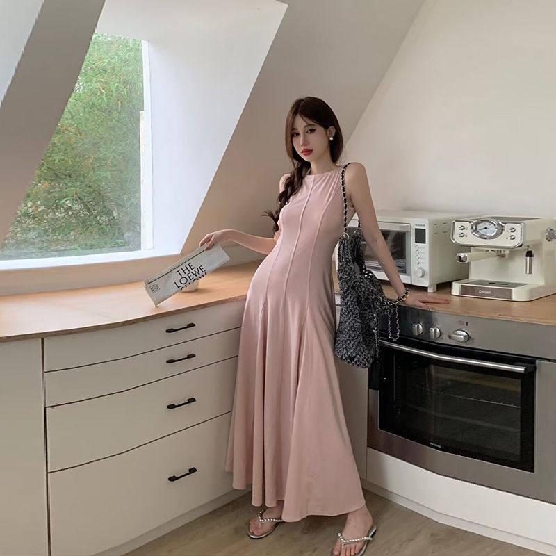 温柔风粉色背心连衣裙女夏季收腰长裙无袖高级感绝美气质a字裙子
