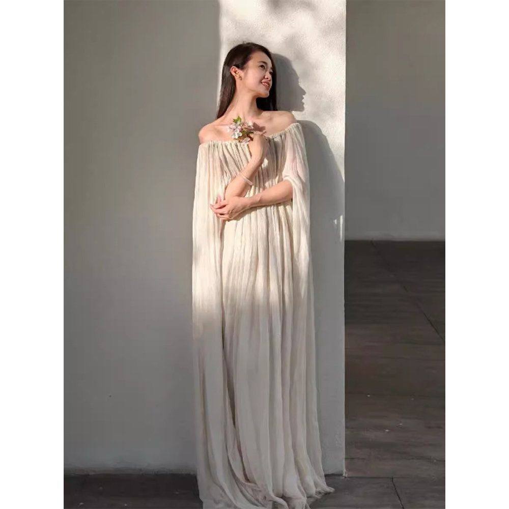 夏季简约白色绝美超仙一字肩抹胸连衣裙女礼服高级感小众宽松长裙