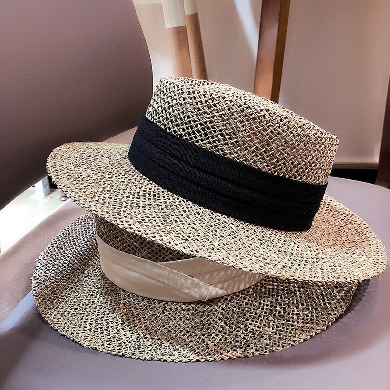 3分月光 韩国ins草编网红平顶礼帽子女欧美风英伦时尚出游度假帽