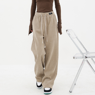 裤 女松紧收腰设计感宽松显瘦阔腿裤 子 卡其色灯芯绒休闲裤 早秋新款