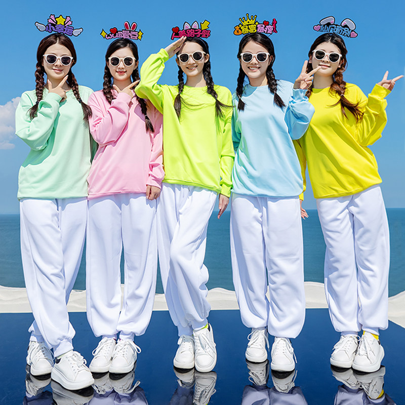 糖果色圆领卫衣女多巴胺彩色套装姐妹装团体聚会队服表演定制印字