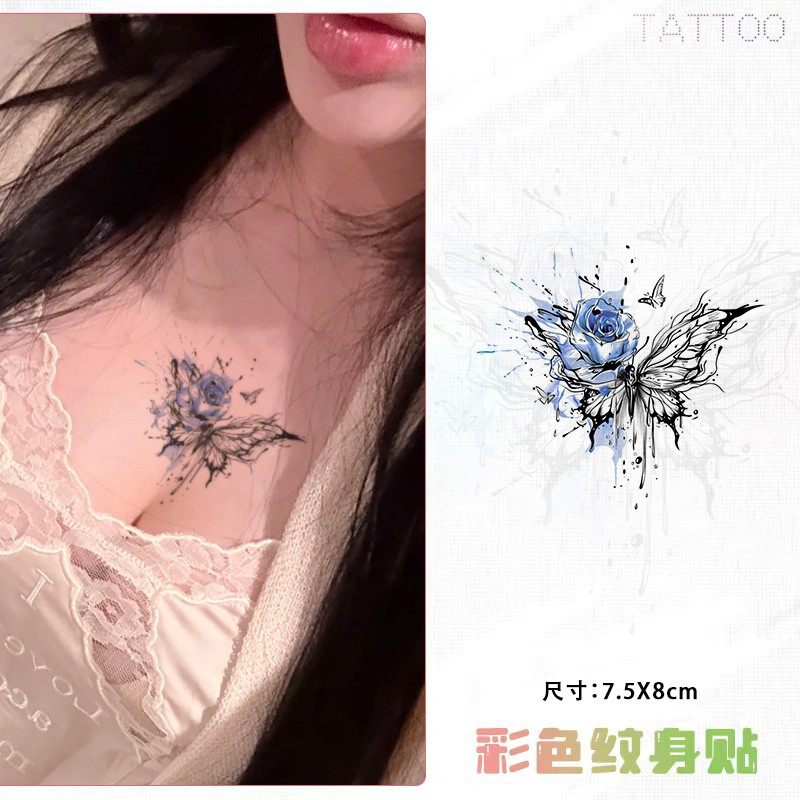 水墨蓝玫瑰蝴蝶 彩色纹身贴新款高级感防水彩绘男女ins风遮疤贴纸,彩妆/香水/美妆工具,身体彩妆,淘宝优惠券,粉丝福利购,淘宝优惠卷