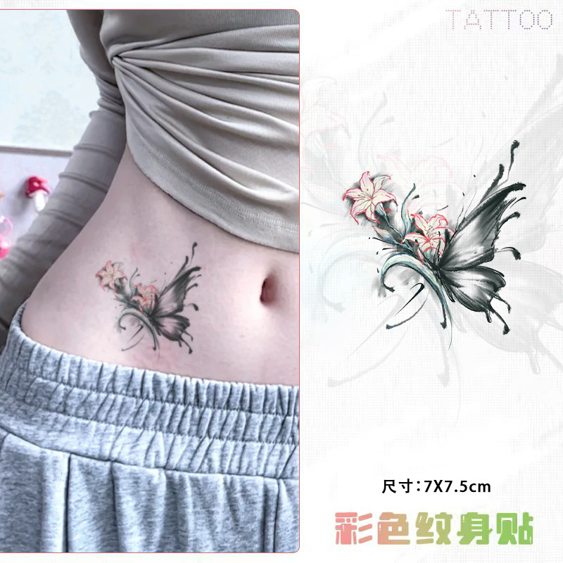 百合墨蝶 彩色纹身贴新款氛围感防水身体彩绘男女ins遮疤拍照贴纸