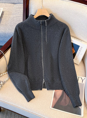 灰色毛衣半高领针织内搭打底衫女2026秋冬新款立领拉链外套可外穿