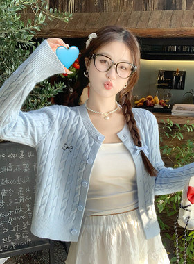 蓝色开衫毛衣外套女2026新款蝴蝶结刺绣麻花针织早春上衣韩系穿搭