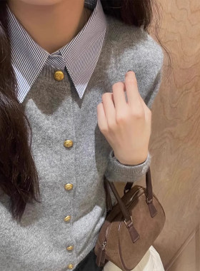 灰色衬衫领拼接假两件毛衣女春秋小个子修身内搭针织开 衫翻领上