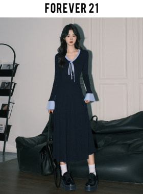 Forever 21韩系别致花边V领针织连衣裙女蓝色修身喇叭长袖A字长裙