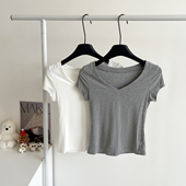 欧美修身 T恤女夏季 显瘦内搭螺纹短上衣 v领正肩短袖 辣妹纯色基础款