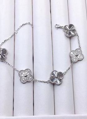 纯银精工车花双面镭射拼接镶嵌满锆石四叶草五花手链小众银手环