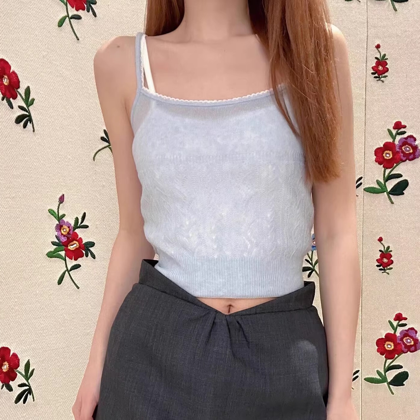 【高版本】shushu镂空透视吊带上衣tong紧身弹力针织吊带上衣sst