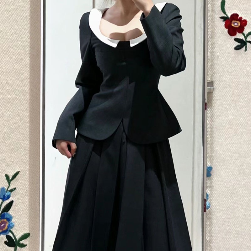 24ss早秋新款shushu前开叉复古低圆领修身tong收腰上衣女