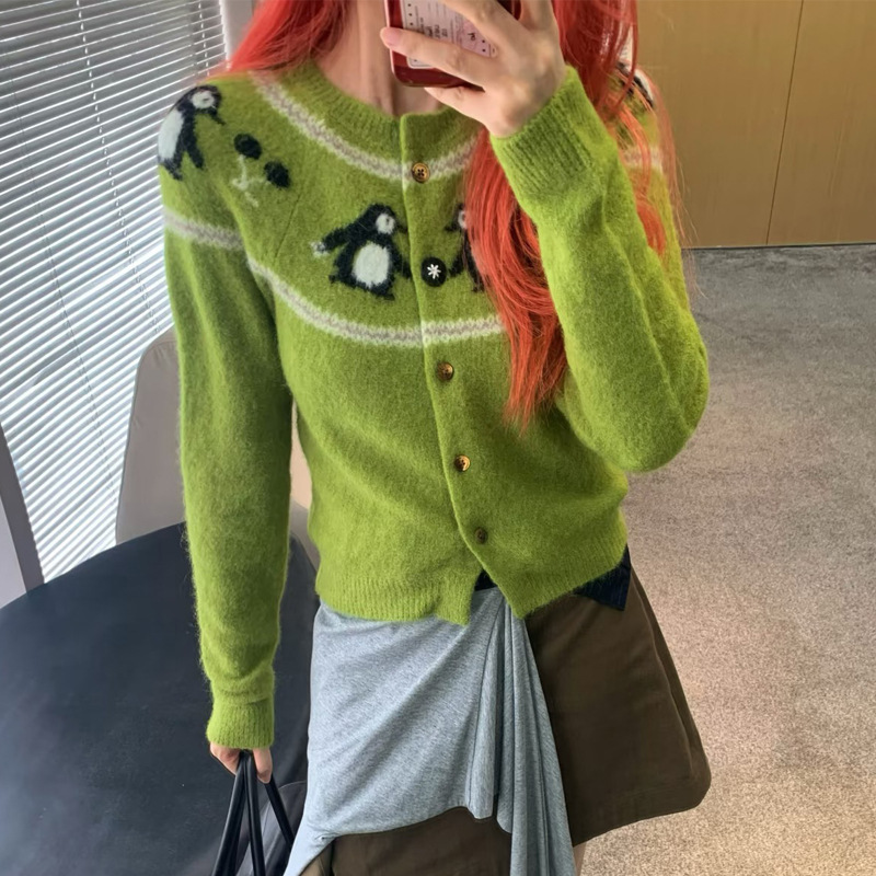 【高版本】SST冬装圆领修身撞色单排扣回转企鹅针织开衫shushu