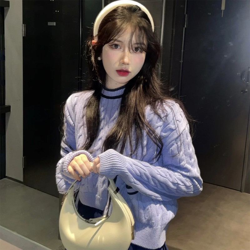 韩国东大门GROVE23春秋新款洋气复古麻花短款针织衫上衣两件套女