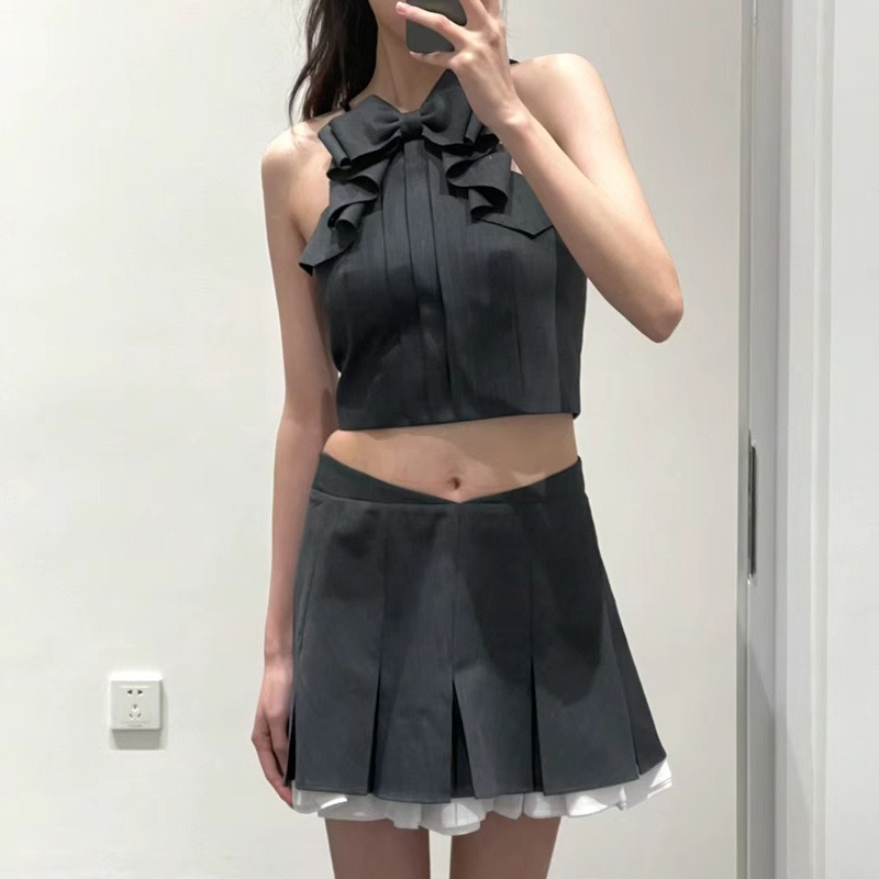 24年春季新款立shushu体蝴蝶结挂脖短上衣＋甜美tong风半身裙