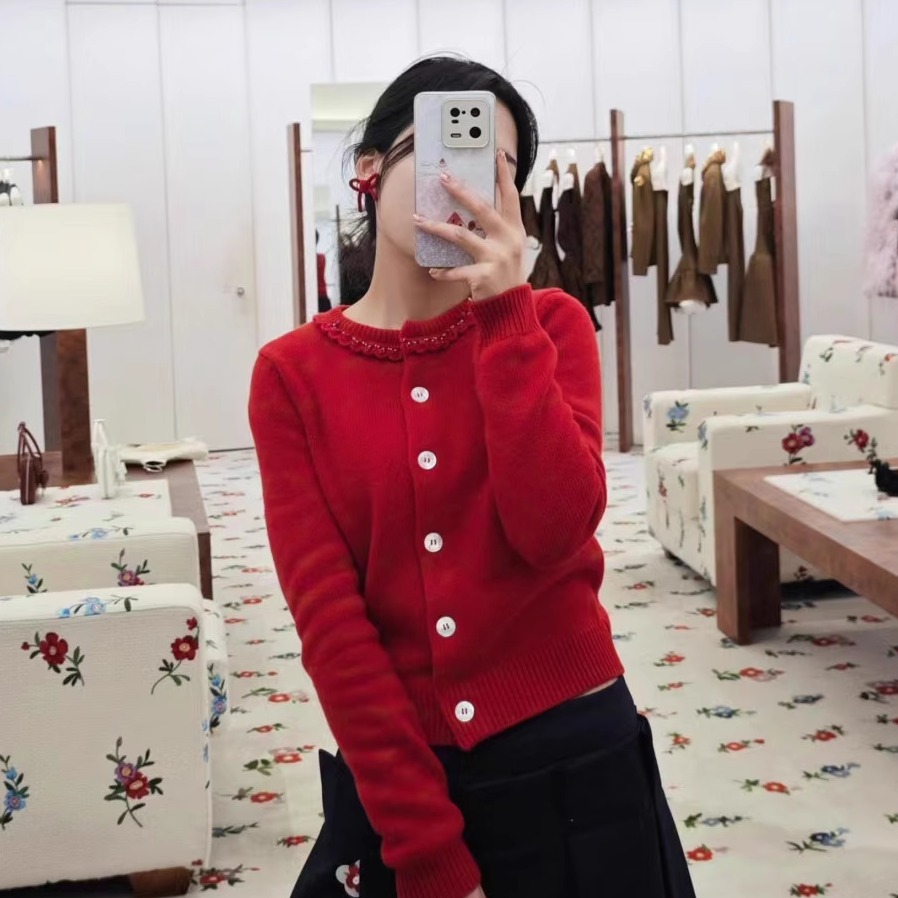 【高版本】shushu蕾丝花边针织开衫tong复古高级感圆领单排扣毛衣