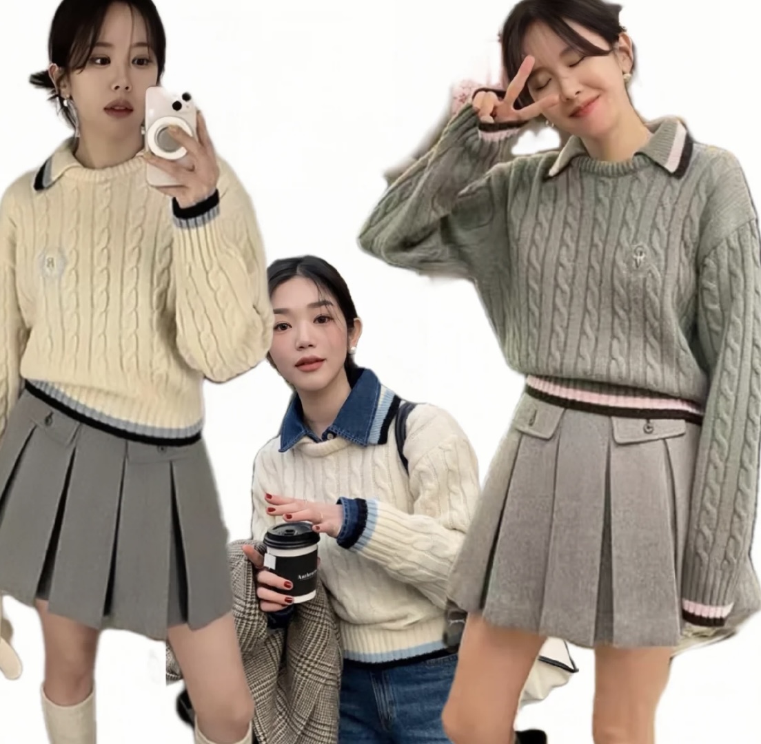 韩国东大门GROVE24年新款学院风刺绣翻领长袖毛衣麻花羊毛针织衫