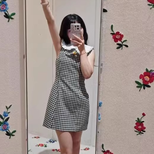 【高版本】shushu黑白格娃娃领无袖连衣裙tong收腰短裙无袖连衣裙