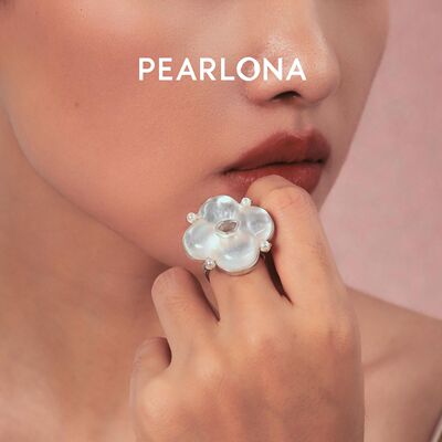 PEARLONA磐石云松-大海棠窗贝母巴洛克珍珠银开口戒银饰戒指女