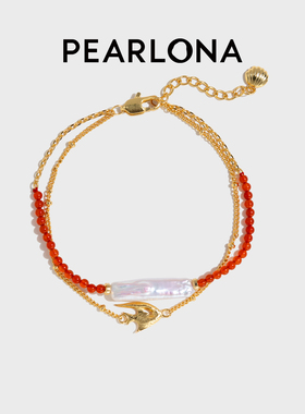 PEARLONA财神鱼银条鸿运珠叠戴手链红玛瑙新年礼物女首饰淡水珍珠
