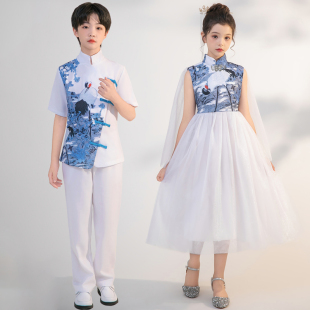 儿童古筝演出服小学生合唱服长袖中国风国学汉服大合唱团表演服装