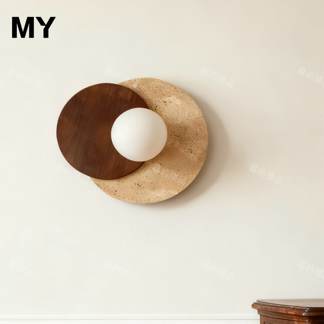 日式侘寂中古实木黄洞石壁灯