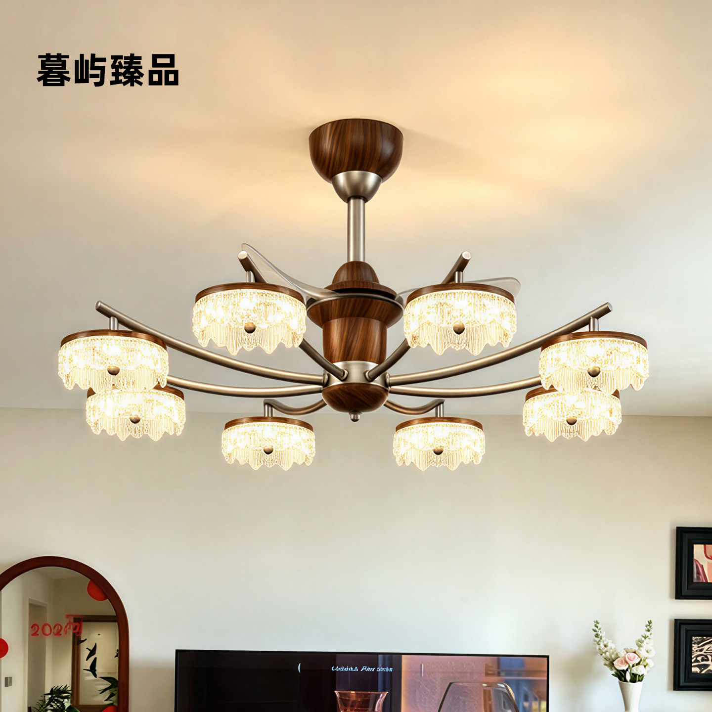 中古风扇灯客厅卧室法式复古胡桃木纹水滴高级氛围感护眼大厅主灯