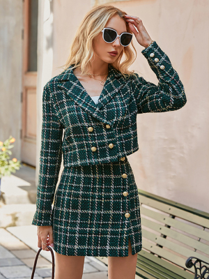 Simplee Office plaid women blazer coat green Elegant high wa