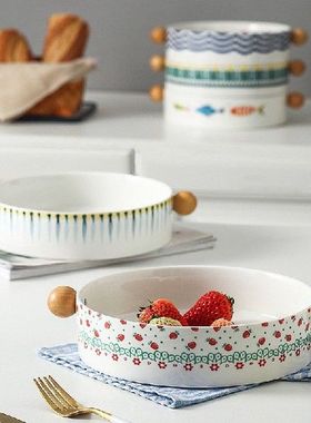 Ceramic Handle Baking Tray Wooden Handle Binaural Bowl