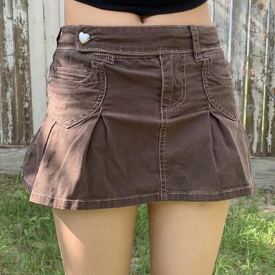 Y2K Grunge Low Waisted Denim Pleated Skirts Vintage Brown Po