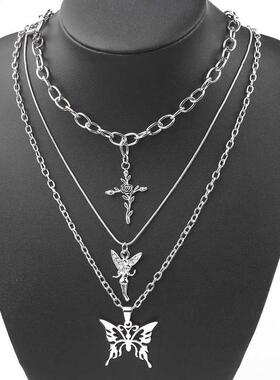 2021 3 Layers Hip Hop Cool Silver Color Cross Choker Necklac