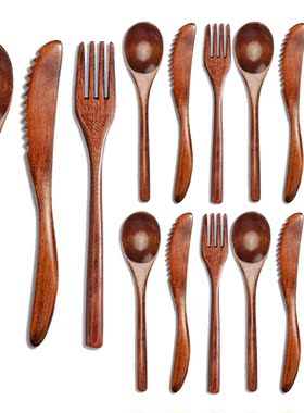 15 Pcs Wooden Spoon Fork Knife Cutlery Set Wooden Dinner