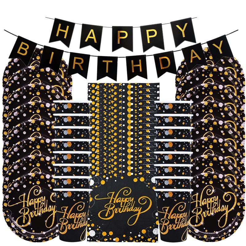 49pcs/set Gold Black Birthday Party Tableware Set Happy