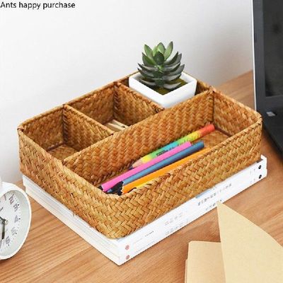 Straw Four Grids Desktop Storage Finishing Box Handmade