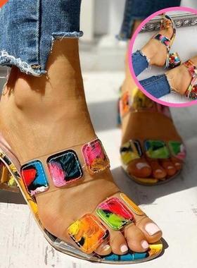 Sandals Women Square Heels Summer Sandals Peep Toe Lies Mu