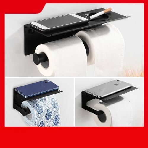 Toilet Paper Holder with Shelf Black Wall Mounted Mobile Pho