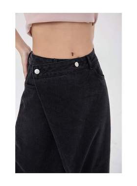 Women Black Denim Half Body Skirt Irregularity High Waist Ca