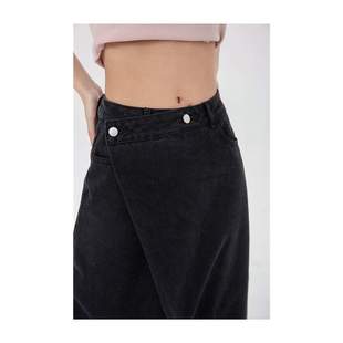 Women Black Denim Half Body Skirt Irregularity High Waist Ca