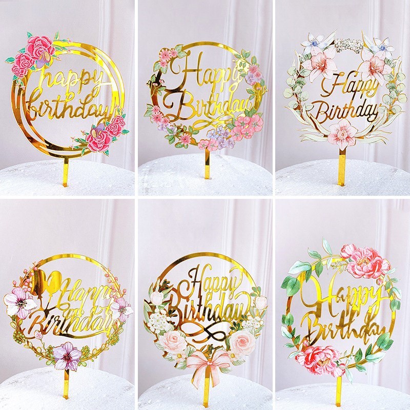 New Happy Birthday Cake Topper Golden Acrylic DIY Birthday
