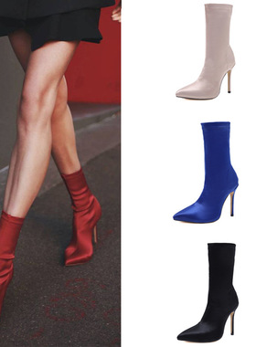 Stretch sock boots satin high-heeled women's boots