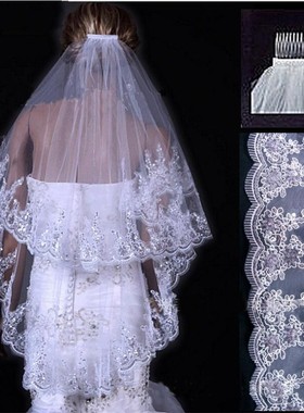JIERUIZE luxury Wedding Veils  2 Layer Lace Applique Edge Wi