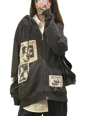 Women's sreet brown graffiti print zip vintage ops h