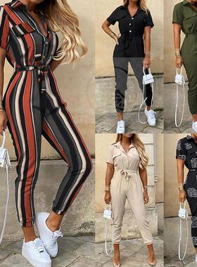 。 Summer women's casual Lapel belt overalls om9300