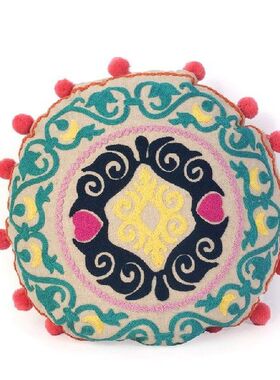 43cm Moroccan ethnic linen colorful embroidery round pillow