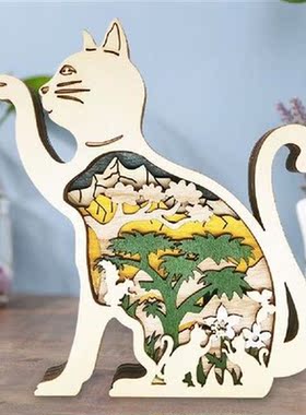 3D Kitten Hand Carved Artworks Cartoon Wooden Vivid Kittens