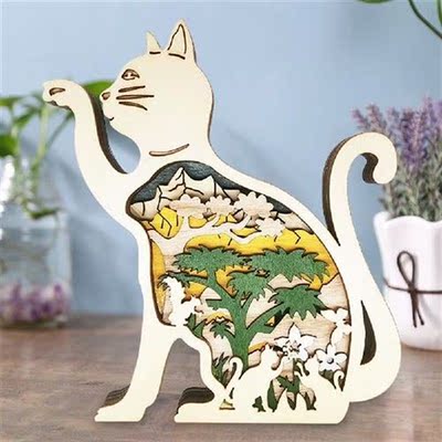 3D Kitten Hand Carved Artworks Cartoon Wooden Vivid Kittens