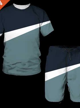 New Summer Men's Sportswe Patchwork Color O-Neck T-S