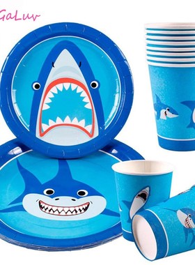 Blue Pink Shark Party Cupcake Toppers Banner Tableware Set K