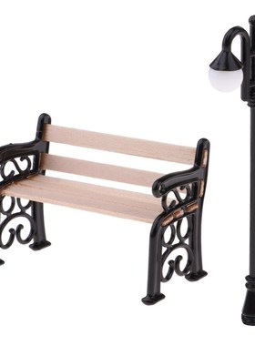 Wooden Park Bench  Street Lamp  1/12 Dollhouse Garden  Minia