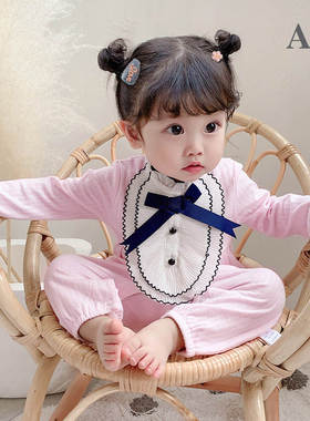 2023秋季新款宝宝蝴蝶结肚兜连身衣爬爬服包屁棉哈衣9722