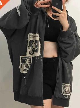 Winter women's sreet brown graffiti print zip vintag